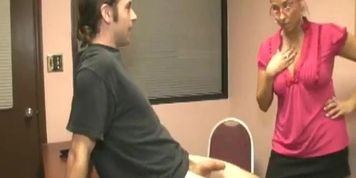 Spex MILF wanking students dick until cumshot