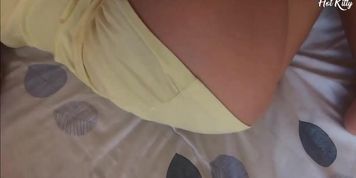 Sexy skinny babe with big tits close up cum on ass