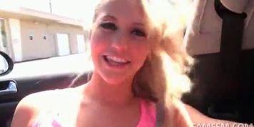 Blonde in glasses flashing big tits in the car