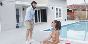 Pervy Derricks meaty cock got hard as he helps Vienna put some sunscreen