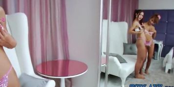 Two naughty shemales anal fucking with dude on the bed