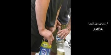 2 straight friends piss together out in public showing off uncut cocks