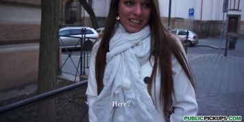 Beautiful big-tit brunette babe is fucked in public before work