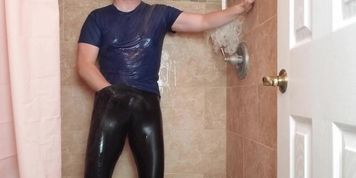 Spandex boy getting wet and soapy in shower in tights after yoga class