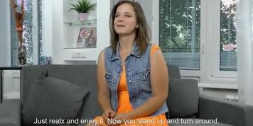 Chubby beauty caresses her shaved pussy at the casting