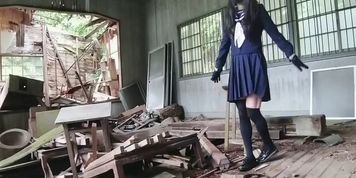 Cute Transgender high school student exposes herself in the open air in an abandoned building.