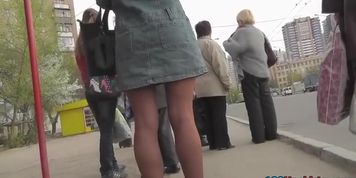 Cute upskirt angel in denim coat