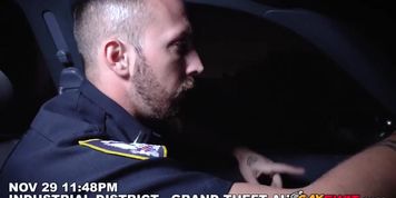 Hunk is having hard sex during night patrol with big black cock.