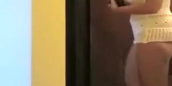 Girl takes pizza delivery in sweater and panties (Delivery Man)