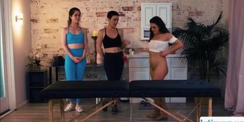 Busty latina gets her pussy licked and massaged by two masseuse (Veronica Valentine)