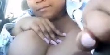 Ebony with huge tita riding and flashing them 