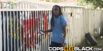 Rasta dude gets fucked by two horny cops outdoors after seeing his black massive cock