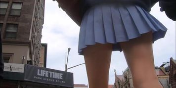 young blonde with short skirt, long legs and a small thong