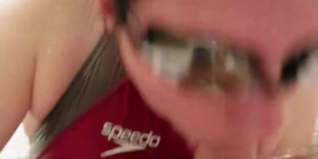 Swimmer gives blowjob in bath with speedo swimsuit and swim goggles on (Arkida Reeves)