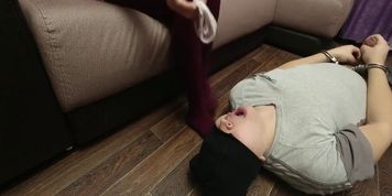 Slave kiss feet mistress socks gag