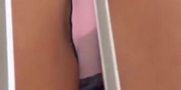 Short jeans skirt woman pink panties upskirt