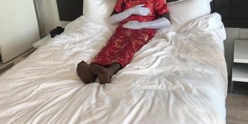 Zentai in mandarin dress with satin gloves