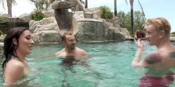 Super HOT bisexual threesome by the pool with 2 guys and 1 girl!