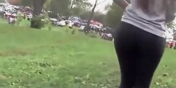 College teen with big ass in black leggings